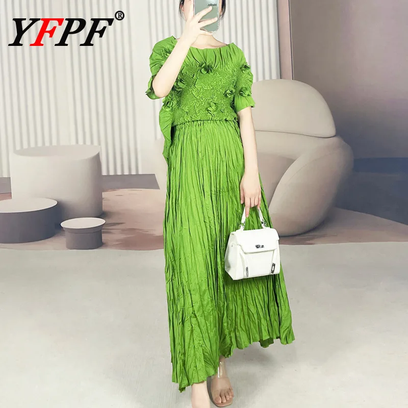 

YFPF Fashion Women Pleated 2 Piece Set Elegant 3D Floral Spliced Short Sleeve Tops + Folds Long Skirt Summer Clothing 3A221