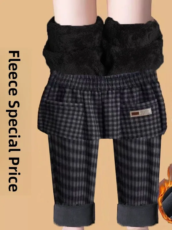 トレンディな格子柄ルーズハーランパンツ、裏地付き、カジュアルストレートレッグパンツ、スリムマムジーンズ、ハイウエスト、伸縮性ウエストバンド