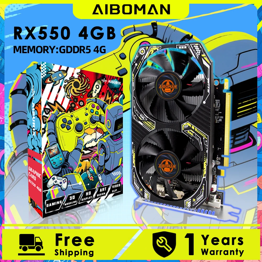AIBOMAN Gamer أسود أصفر AMD RX550 4GB GDDR5 بطاقة الرسومات 128Bit المزدوج مروحة الكمبيوتر الجمعية الملحقات ألعاب المكتب الكهربائية #1