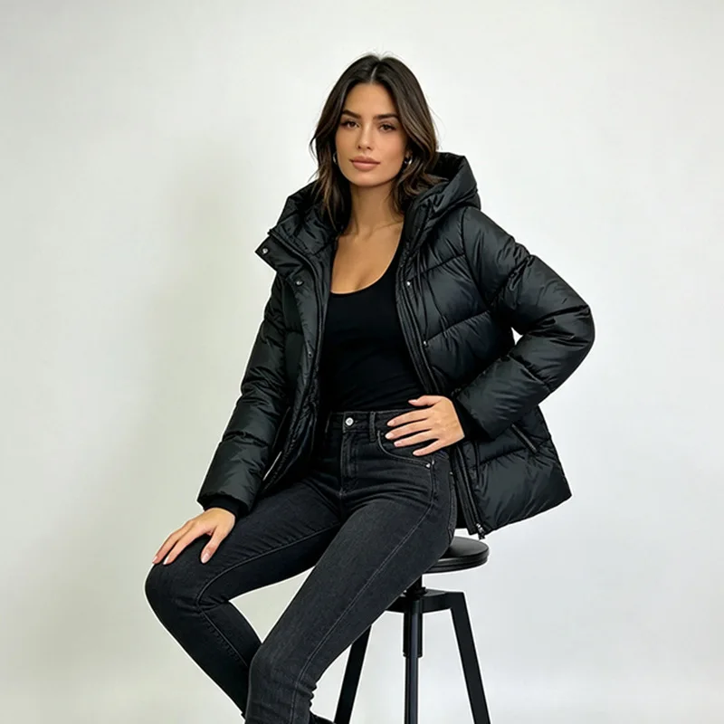 KIDCRKJ Winter Women Slim Hooded Padded Jacket 2026 New Solid Waist-cinching Zipper Parka Coat Casual Slim Outwear Overcoat