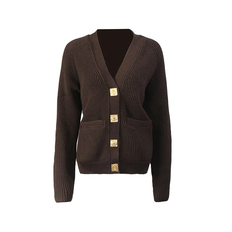 BJTZ Suéter de malha elegante 2025 outono inverno nova cor sólida com decote em V botão de metal quadrado solto ajuste casaco de tricô