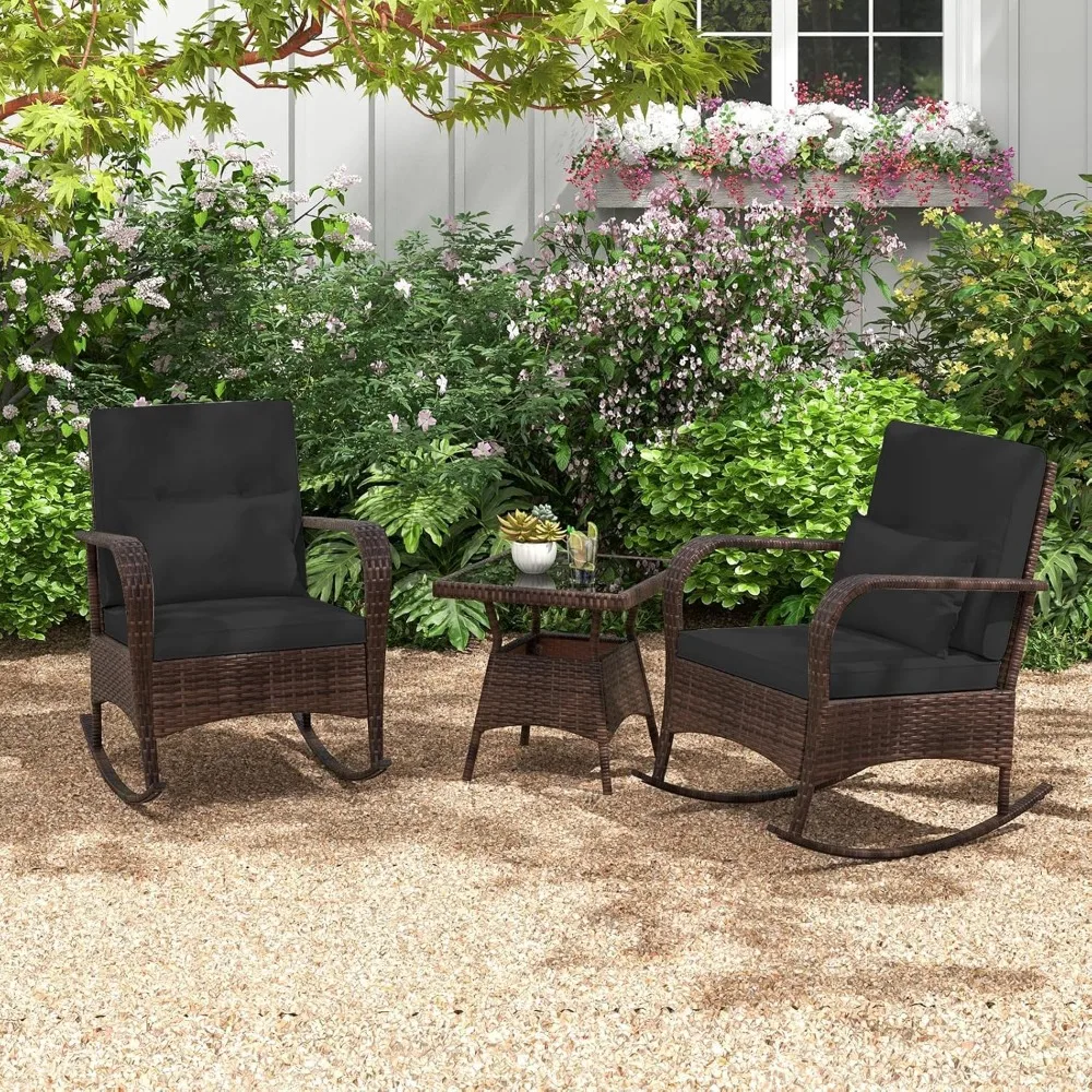 3 Pieces Rocking Bistro Set, Patiojoy Outdoor PE Rattan Rocker Chairs with Removable Cushions & Tempered Glass Top Coffee Table