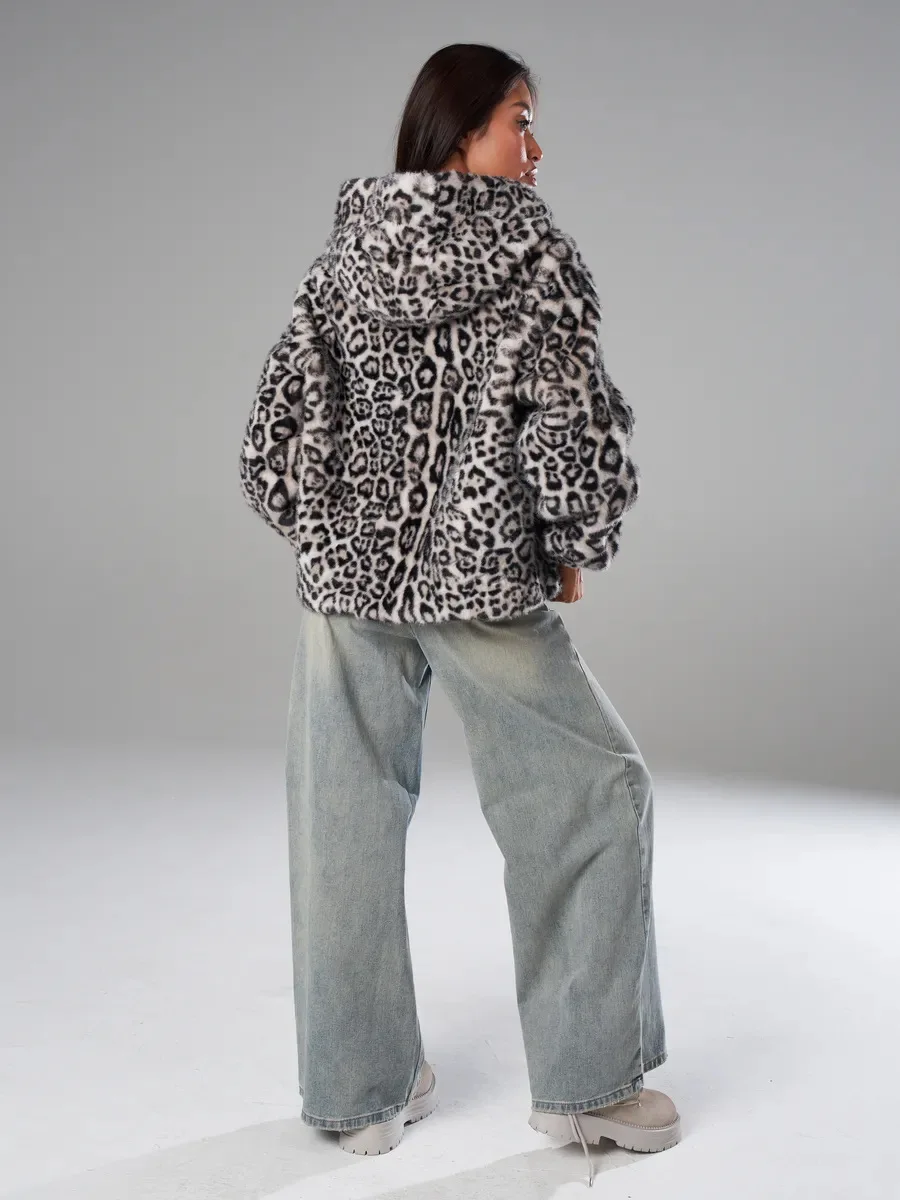 Winter Women Hooded Faux Mink Fur Jacket Black White Leopard Print Fluffy Plush Outerwear Female Streetwear Zipper Fur Coat