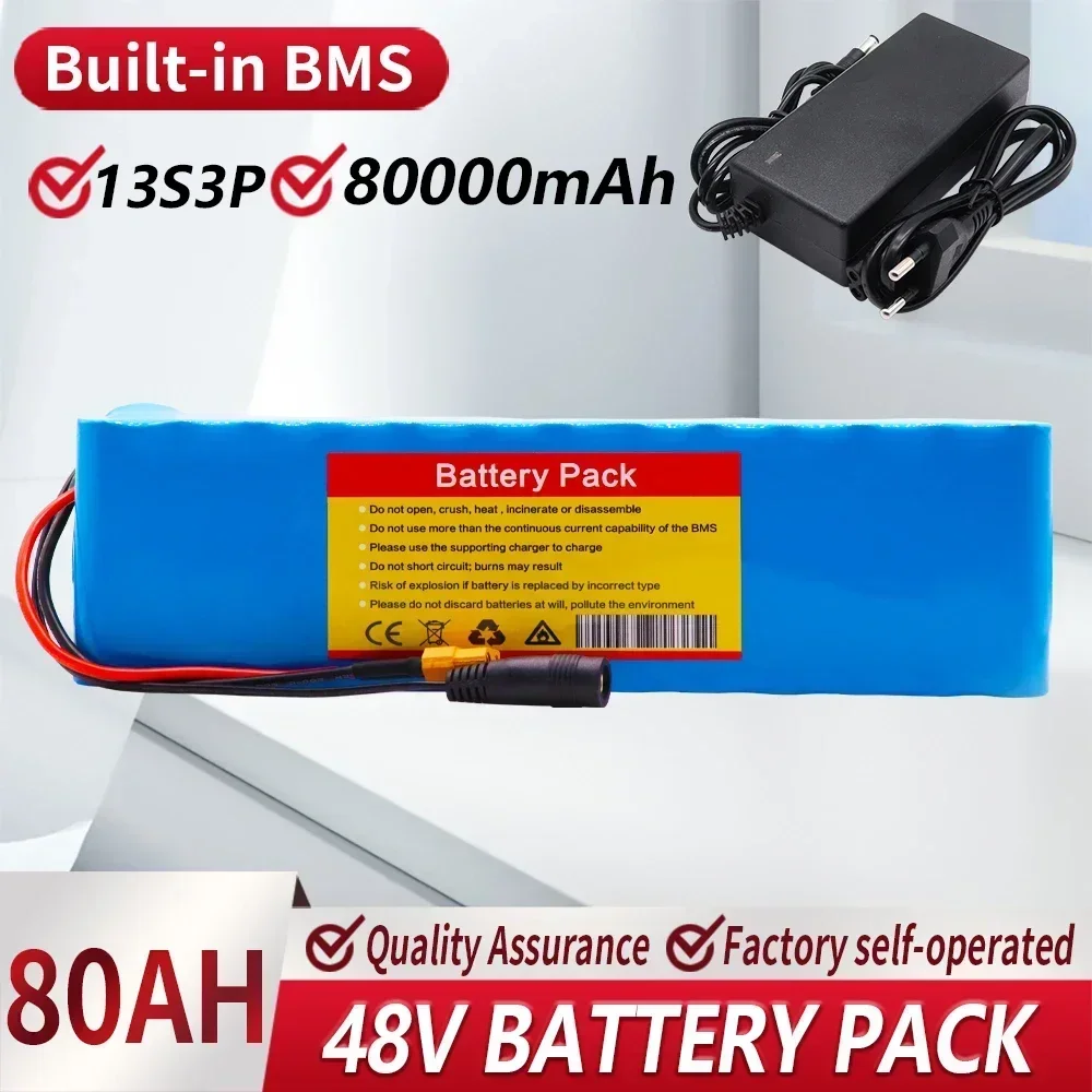 New 48V 80000mAh 2000W 13S3P XT60 48V Lithium Battery Pack 80AH for 54.6V  With BMS and Charger