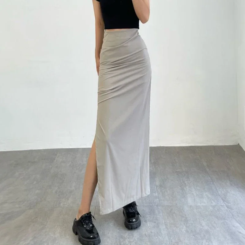 Maxi saias femininas de cintura alta sólida verão fenda lateral estilo retro americano minimalista vintage all-match básico faldas mujer