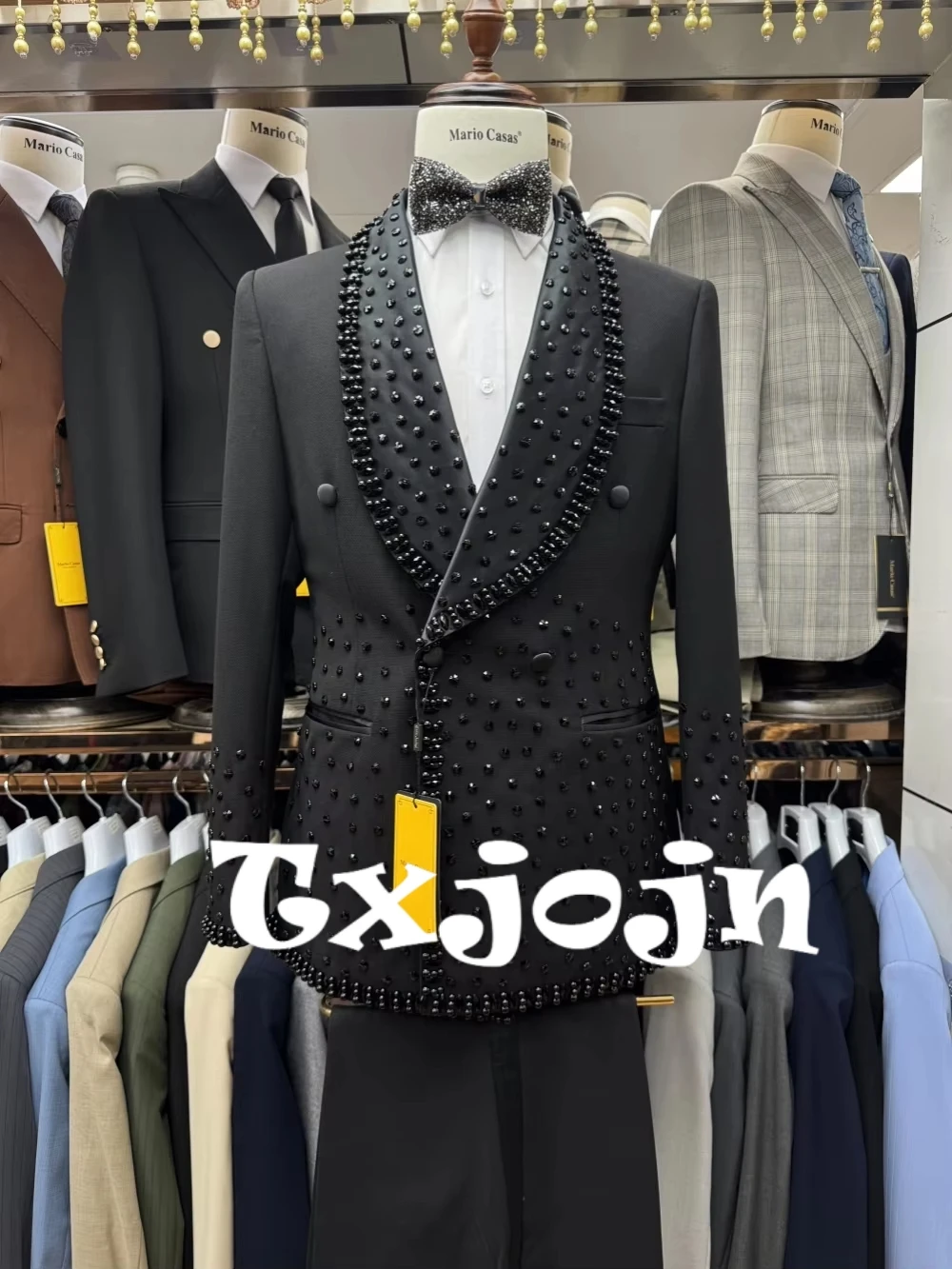 Preto de luxo cristal duplo breasted smoking masculino 2 peças roupa festa negócios, novo homem bonito terno conjunto casamento noivo conjuntos