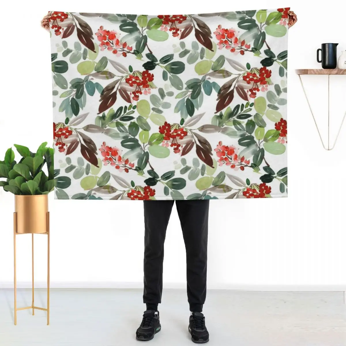 Watercolour Rowan Berries Throw Blanket Large Bed linens Decorative Throw Soft Big Bed Luxury Blankets