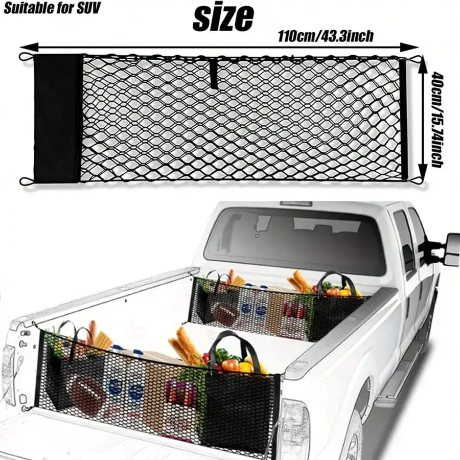 Envelope Style Truck Bed Cargo Net Compatible With GMC Sierra 1500 & Highly Elastic Truck Cargo Net For Accessories, Upgraded Storage Bag & 4.5mm Bungee