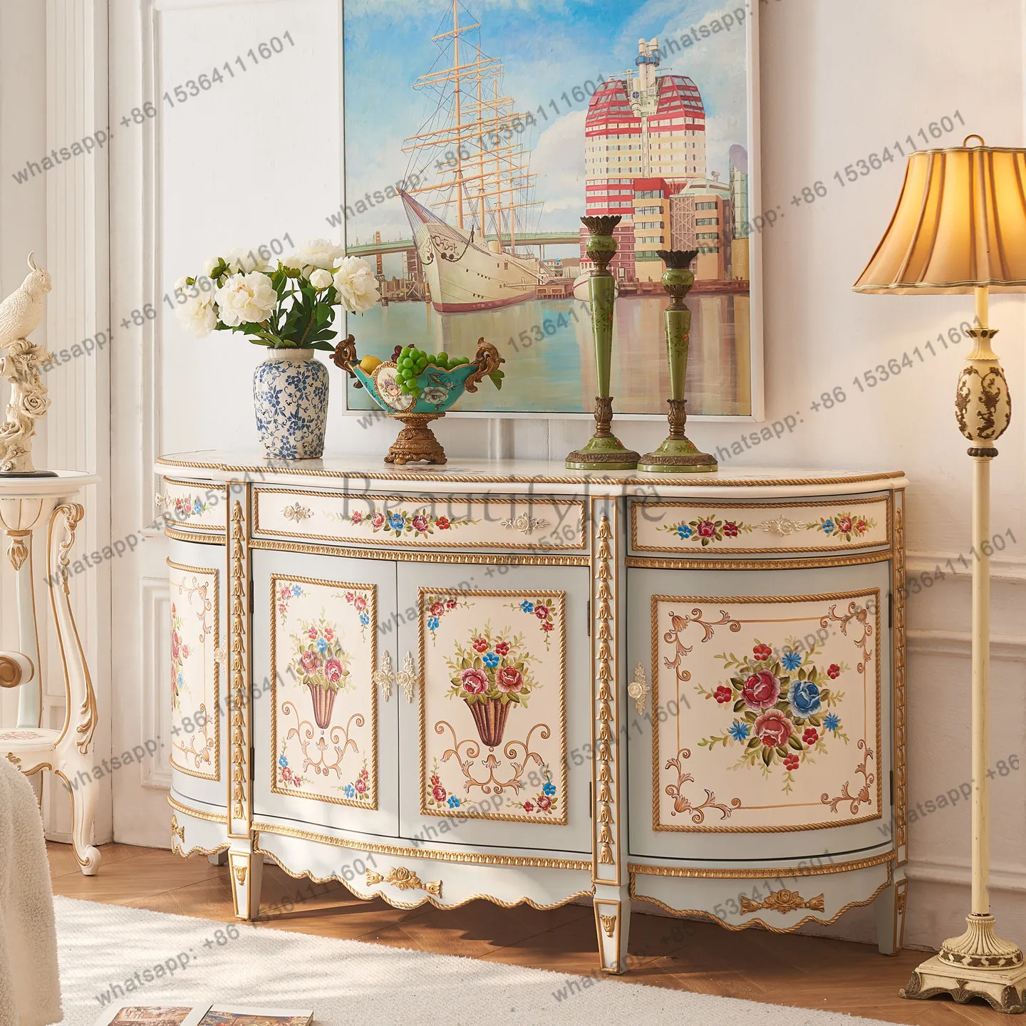 FG court retro small French hand-painted solid wood luxury entrance cabinet European semi-round bedside cabinet