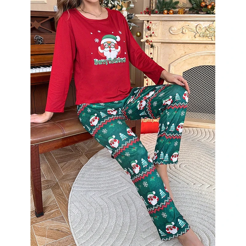 

Cute Santa Claus Print Women's Christmas Set Satin Contrast Color Short-Sleeve Top And Long Pants For Parties Wear And Holidays