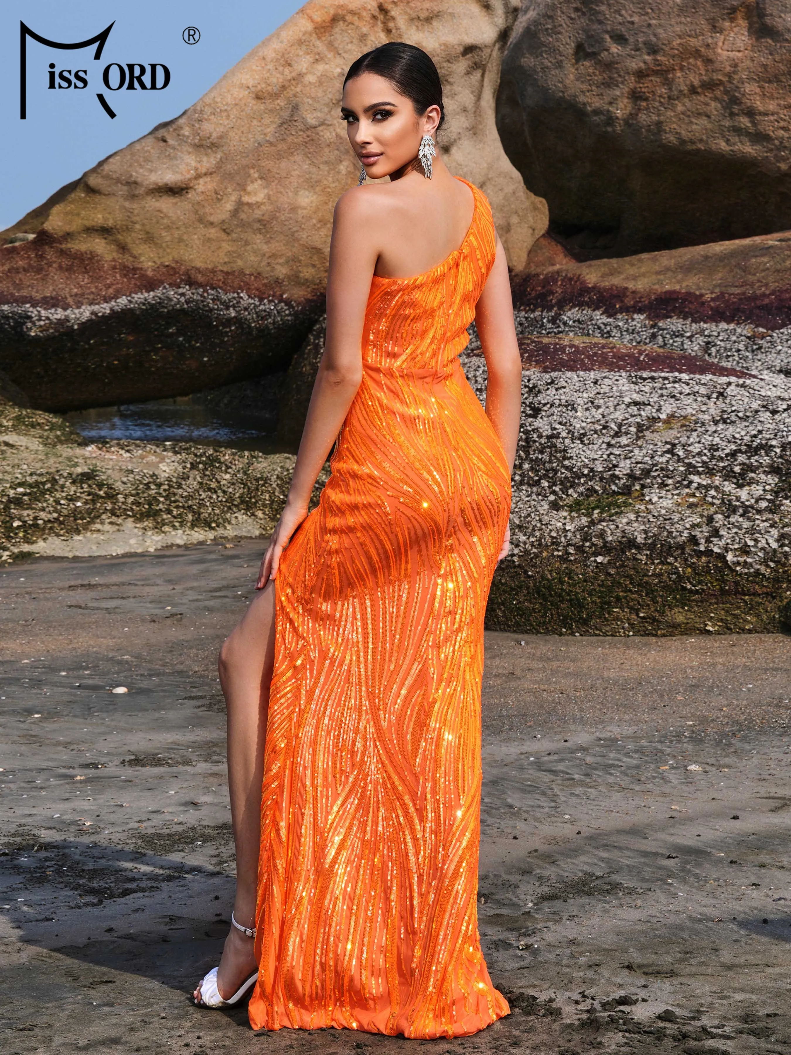 Missord 2024 New Church Dress One Shoulder Sequin Split Evening Orange Wedding Birthday Party Dress