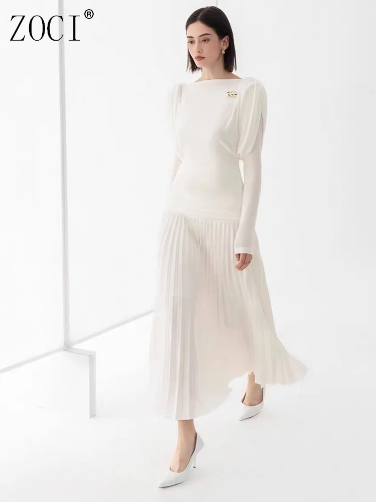

ZOCI Solid Color Women's Pleated Tops Skirts Gown Female Office Lady 2pcs Sets Pleated Dress Elegant 2025 Spring New FC1423