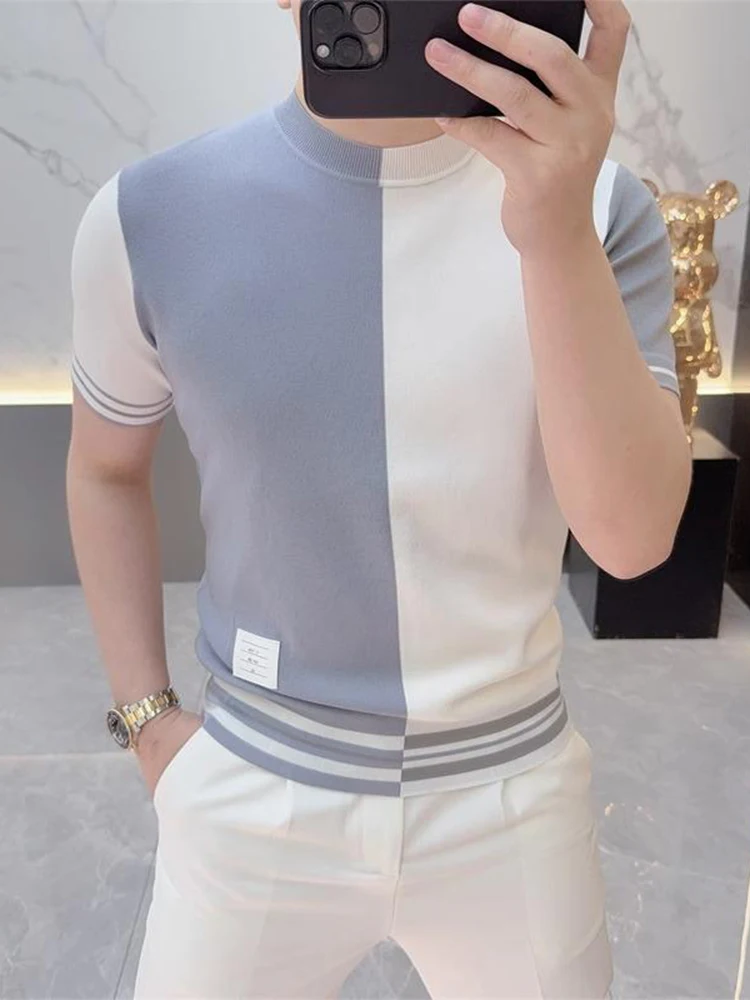 

Fashionable Color Block Ice Silk Short Sleeve T-Shirt Men's Casual Knitted Top Breathable Skin-Friendly round Neck Half Sleeve