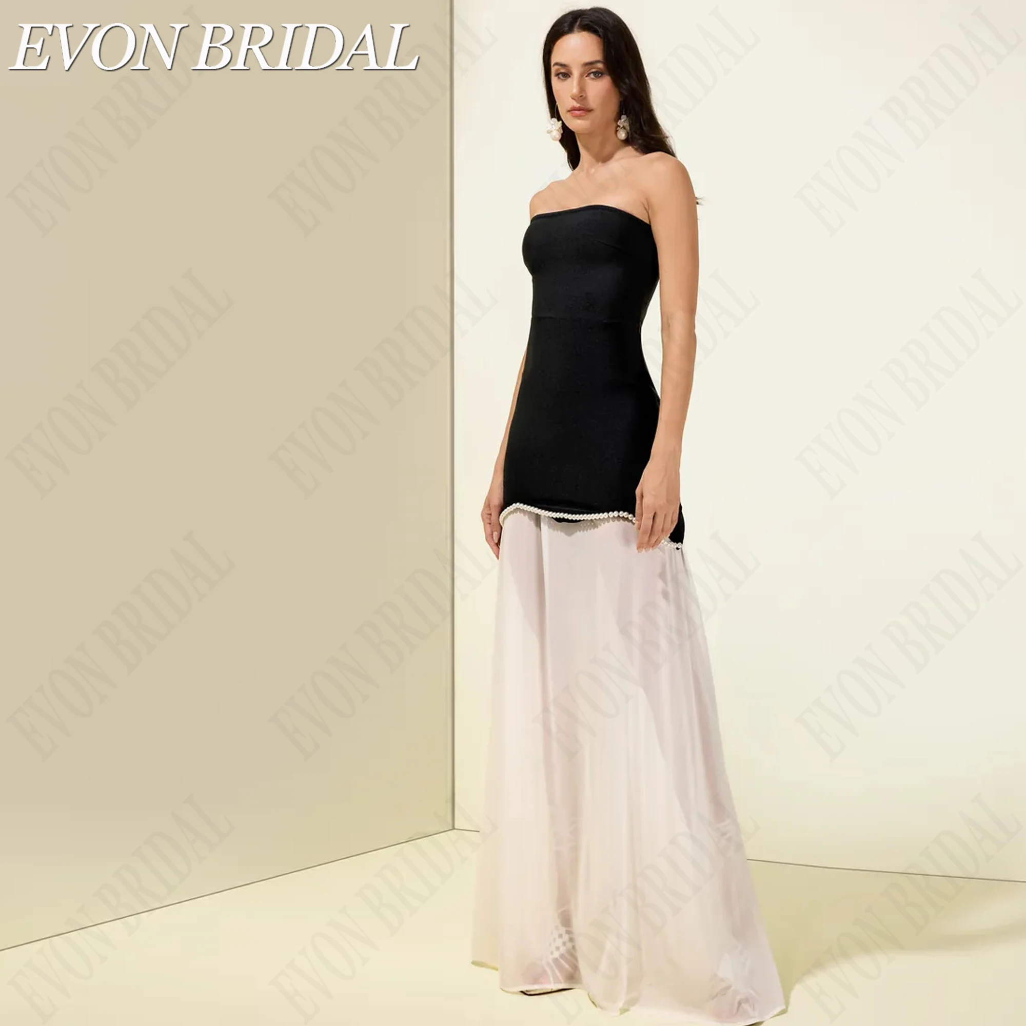 EVON BRIDAL Tela Elástica Cuatro Vías Hecho A Medida Vestido De Baile Bustier Sirena Vestido Para Invitada De Boda Sin Mangas Espalda Descubierta Longitud Hasta El Suelo Contraste De Colores Vestido De Fiesta