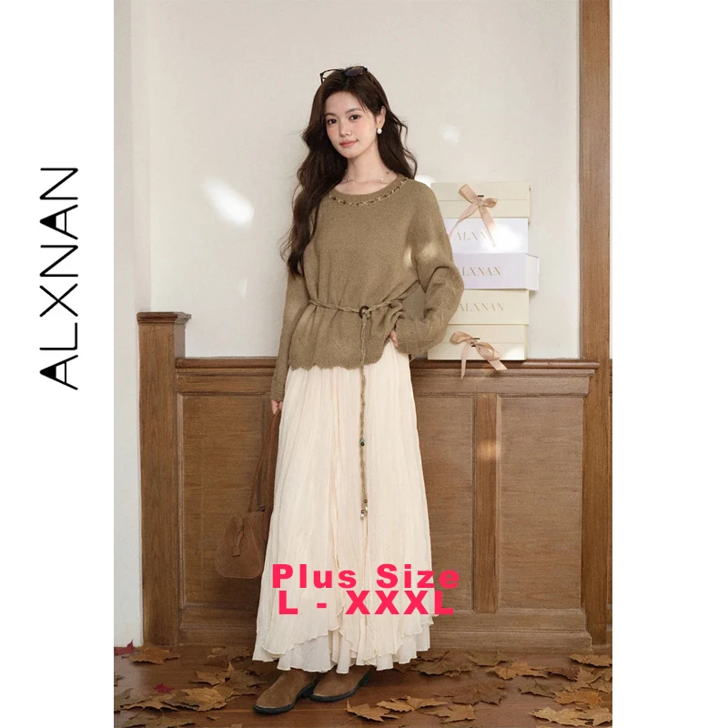 ALXNAN Plus Size Women's Pullover 2026 Round Neck Sequin Adjustable Waistband Loose-fit Sweater Fashion Knitwear Female D58550