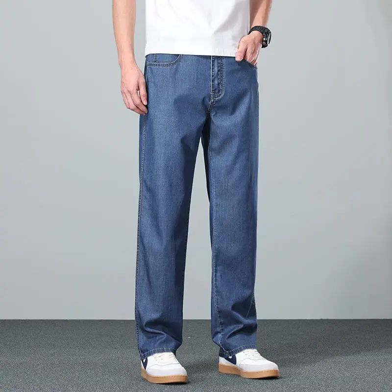 Spring Summer Fashion Men's Ice Silk Jeans Thin Loose Straight Pants Stretch Korean Business Casual Denim Trousers High Quality
