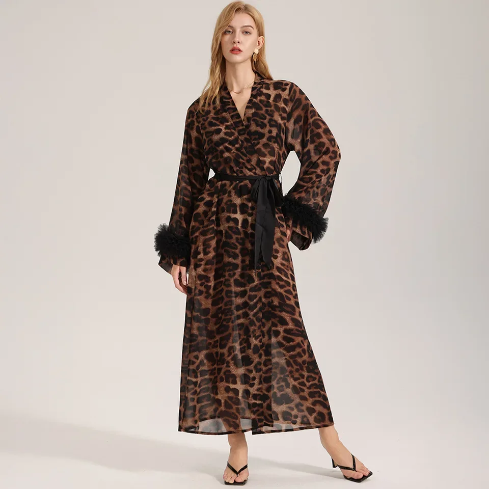 New Sexy Thin Cardigan Sleepwear for Women Summer Autumn Long Sleeved Leopard Print Morning Gown Pearl Gauze Home Wear Nightgown
