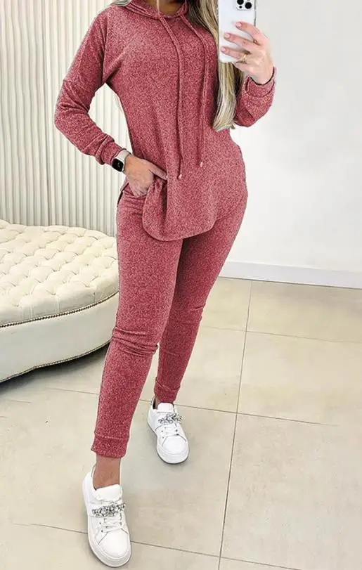 Womens 2 Piece Set Outfit Spring Autumn Hem Slit Long Sleeve Hoodies Sweatshirt Casual Pocket High Waist Two Piece Pant Sets