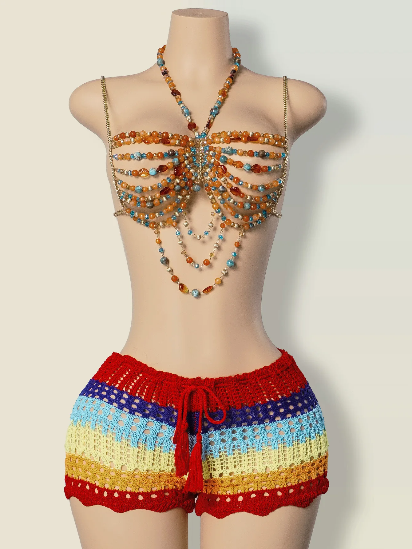 

New Pearl Tassel Body Chain Acrylic Amber Bead Top Hanging Neck And Top With Trendy Chest Accessories