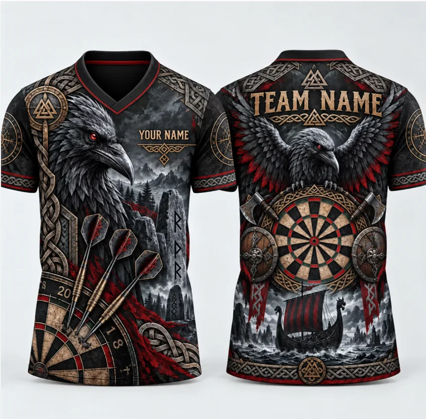 Viking Raven Norse Rune Darts Jersey Men V Neck Short Sleeve Shirt, Breathable Quick Dry Unisex Dart Game Tee Men Clothing