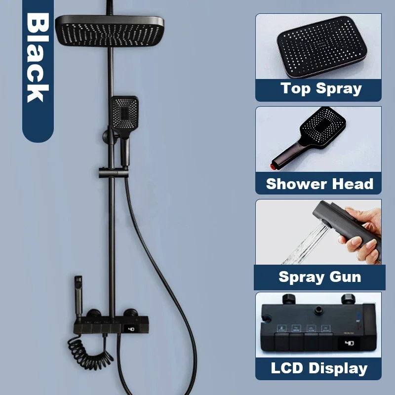 Bathroom Shower Full Set Black White Gray Bathtub Piano Keys Hot and Cold Shower Faucet LED Digital Copper Tap Shower Set