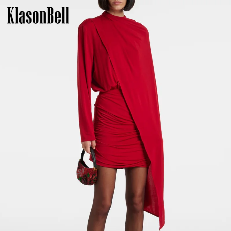 11.22 KlasonBell Women Temperament Party Wraps Asymmetrical Ribbon Ruched Collect Waist Dress Red Long Sleeve Package Hip Dress