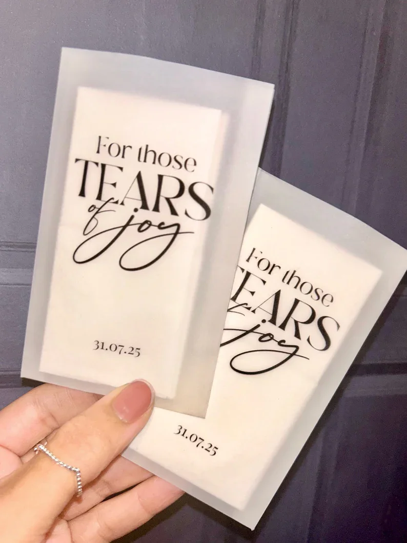 50 Personalised Happy Tears Tissues, Wedding Tissue Pack, Tissues for Guests, Wedding Tissue Packets