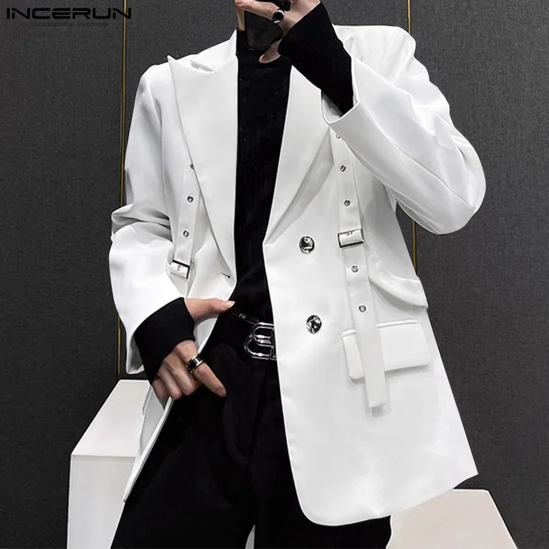 INCERUN Korean Fashion Men Blazer Casual  Long Sleeve Solid Tops Pocket Button Steetwear Male Outfits Well Fitting Vintage Coats