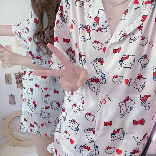 Sanrio Kuromi Hello Kitty Pajamas Women Nightgown Loose Cute Soft Girl Summer New Short Sleeved Sleepwear Home Clothe Sets Y2k