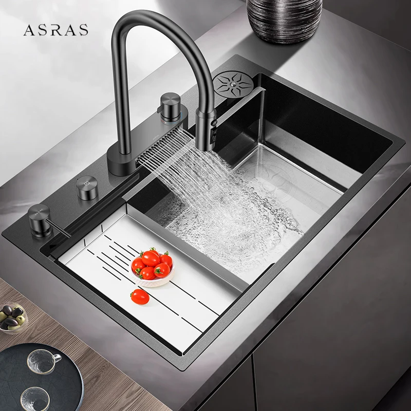 

ASRAS New Waterfall Flying Rain Faucet Kitchen Island Cup Rinser Sinks 304 Stainless Steel 4mm Panel Handmade Kitchen Sinks