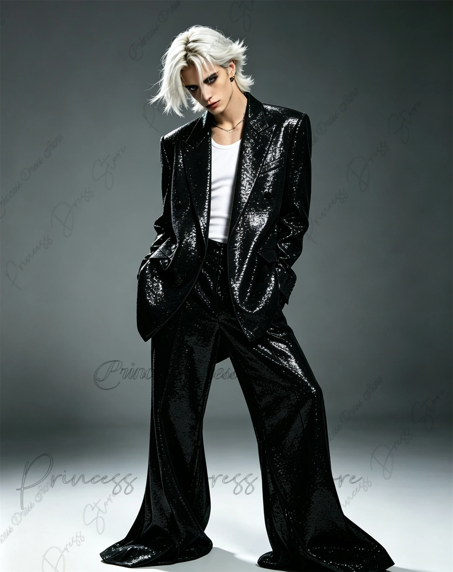 Fashionable high sense Men's Shiny Sequined 2-Piece Suit Wedding Party Formal Jacket with Matching Trousers European Customized