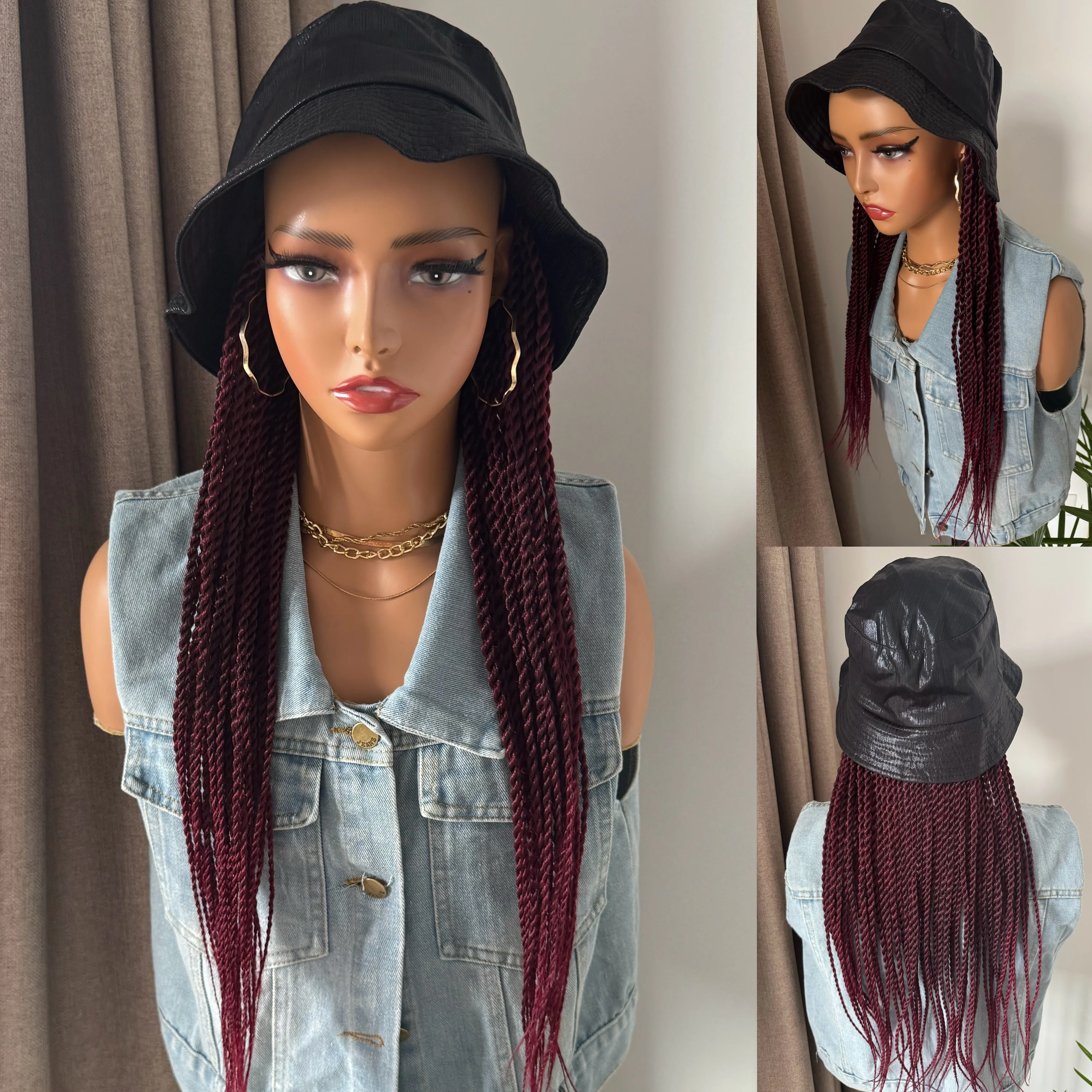 Cuz Of Hair 18“ Omber Black Burgundy Red Braides Hair Extensions Synthetic Twist Braided Wig With Hat Cap Wigs For Black Women