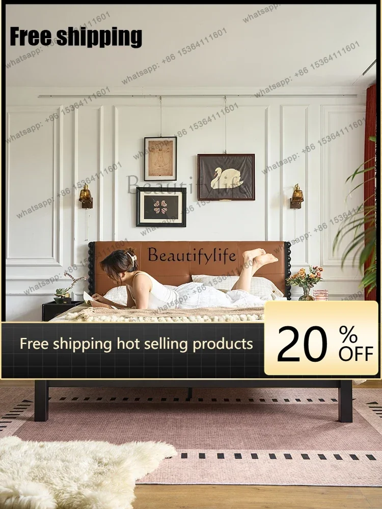 Factory Direct GFrench retro solid wood soft bag bed household bedroom double light luxury high-end leather art bed