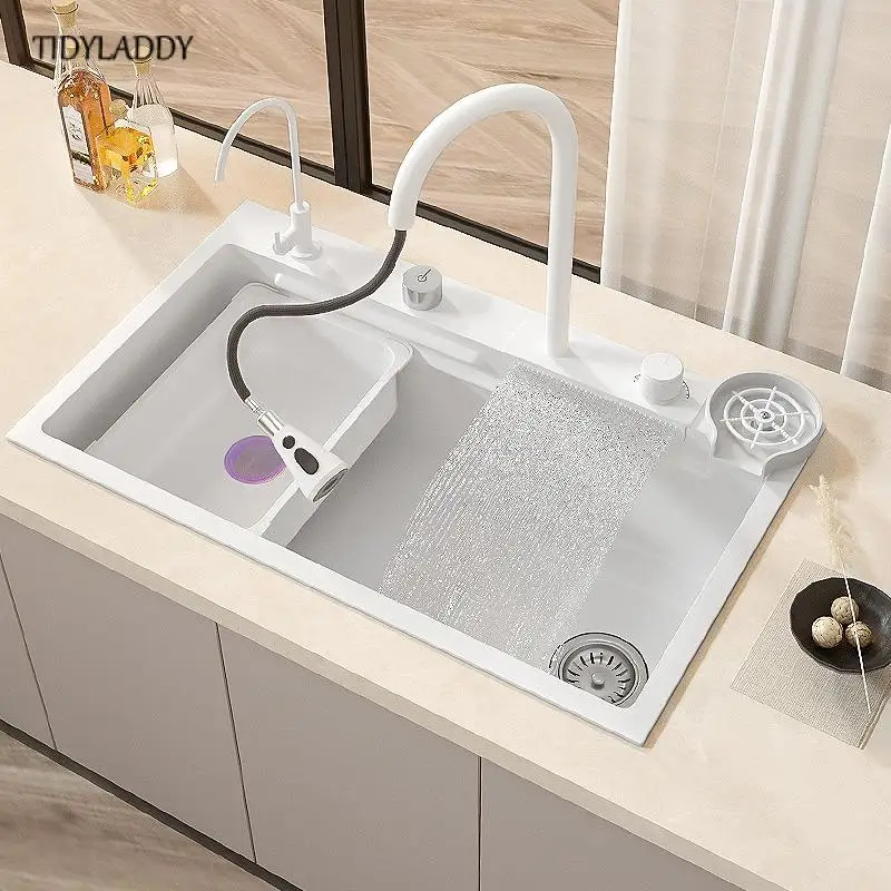 Imagem -03 - Feiyu Waterfall Kitchen Sink Nano 304 Slot Único Grande com Controle Multifunções Torneira Branca Aço Inoxidável