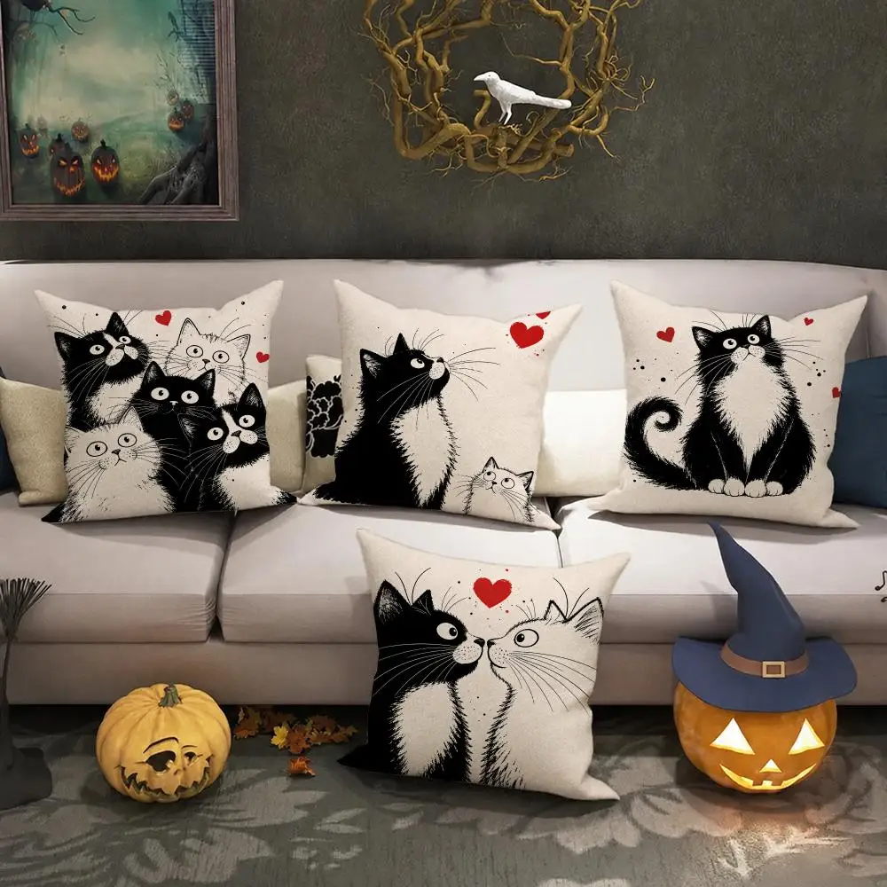 Cute Black Cat Love Art Cushion Cover Halloween decoration trick or treat cushion cover, ghost, pumpkin head, bat decoration
