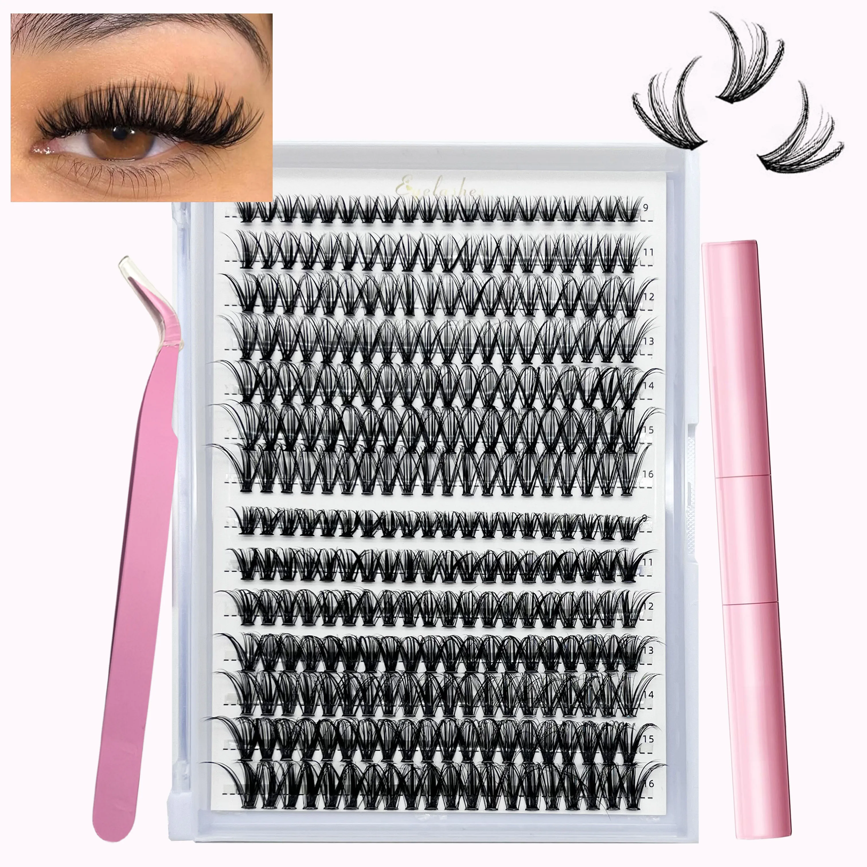 280pcs DIY Eyelash Extension Kit 30+40C/D Cluster Eyelashes + With Eyelash Bonding and Seal + Tweezers Set Fluffy Thick Exaggera