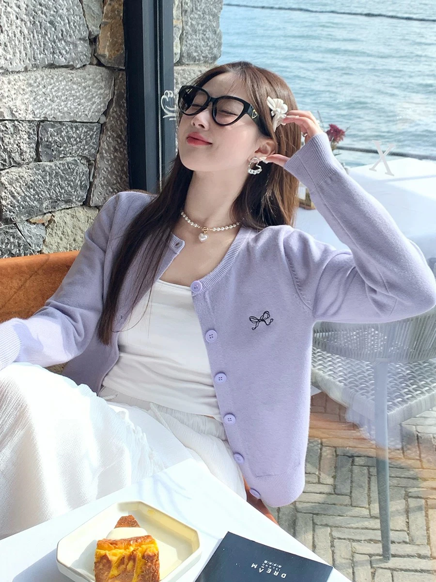 

Весна 2024, женский вязаный кардиган, уникальный круглый дизайн, красивый фиолетовый цвет, корейский свободный крой из полиэстера F...