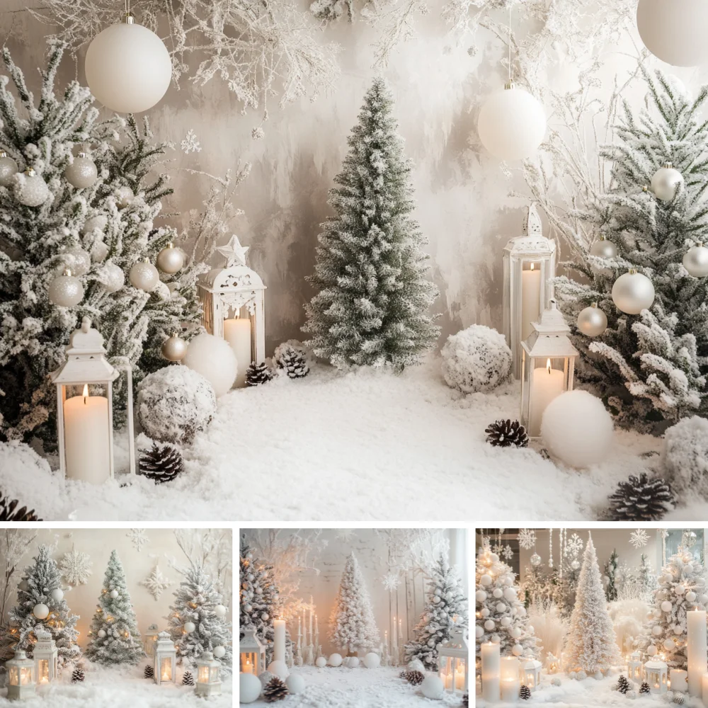 

White Winter Christmas Backdrop Frosted Pine Tree Snowflake White Candle Mini House Pine Cone Portrait Shoot Background