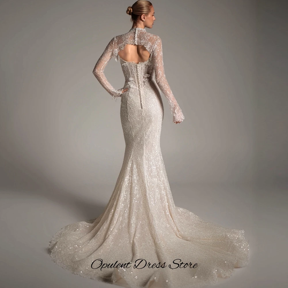 Luxury Appliques Lace Customized Vestido De Novia Classic Long Sleeves High Collar Wedding Dress Mermaid Backless Bridal Gowns