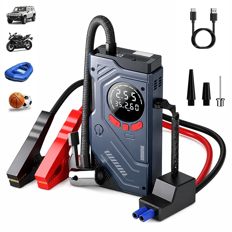 

Portable Jump Starter With Air Compressor For 12V Petrol Diesel Car 150 PSI Car Tires Air Pump with LED Lights & Pressure Gauge.