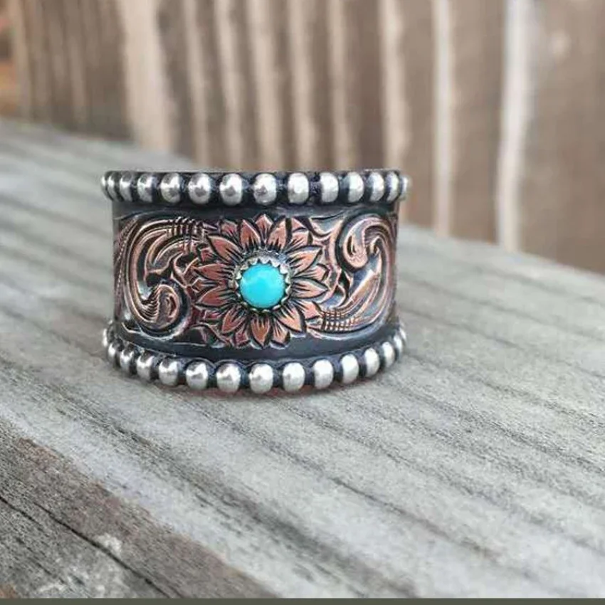 Vender anillo de cobre turquesa azul en relieve de círculo completo retro de dos colores de oro rosa, joyería de mano