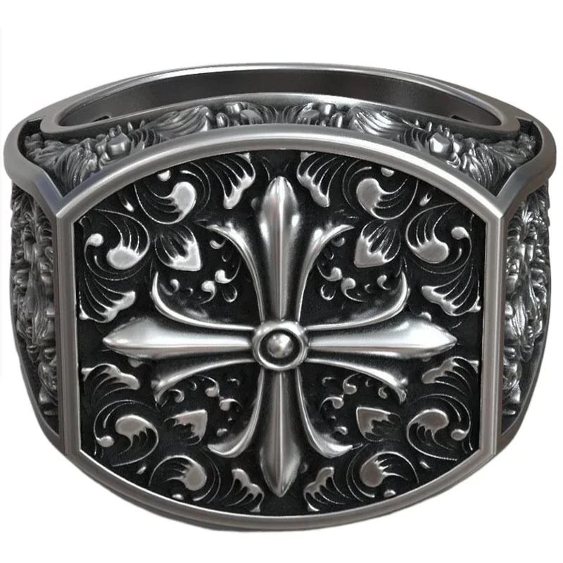 

18g Maltese Cross Baroque Pattern Signet Religious Art Relief Gold Rings Customized 925 Solid Sterling Silver Many Sizes 7-12