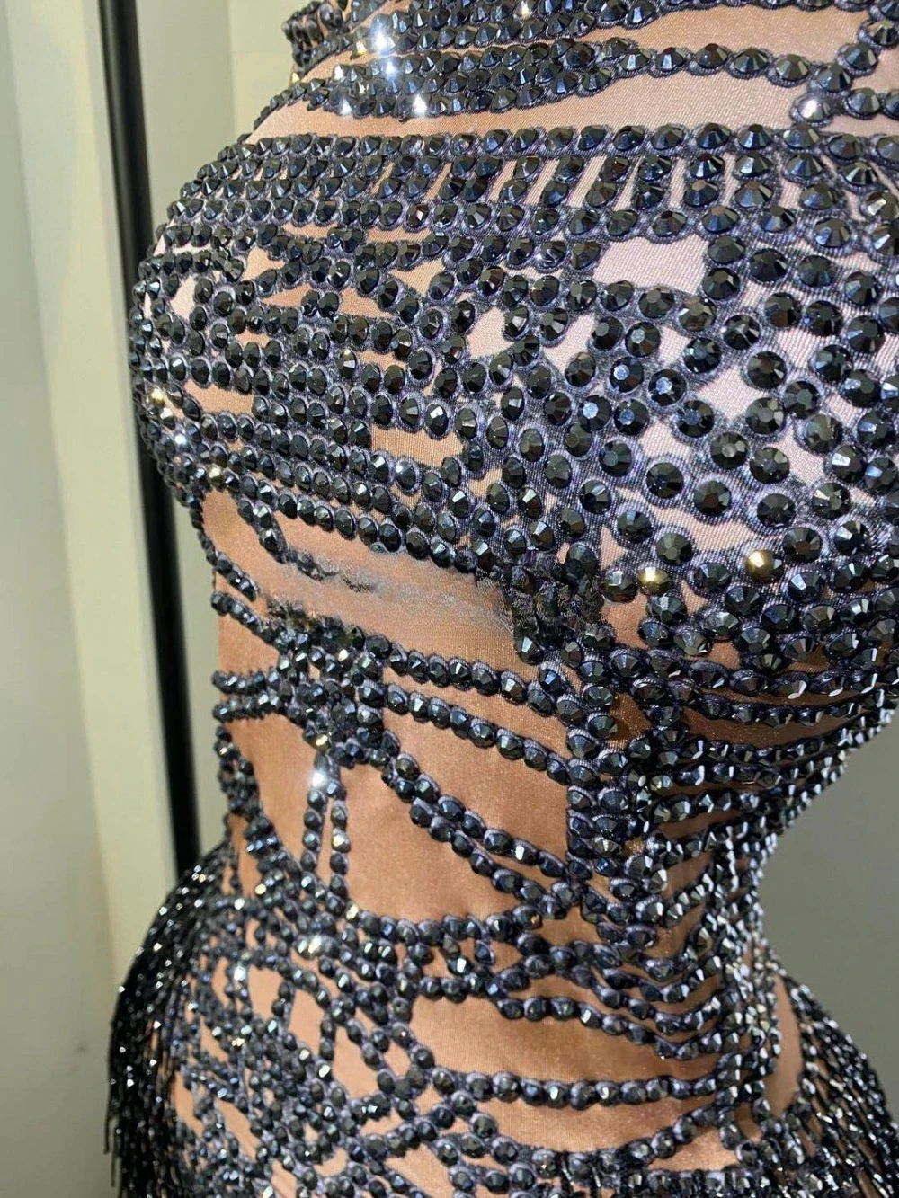 Justaucorps slim sans manches, Costume de danse pour spectacle sur scène en boîte de nuit, tenue de Festival Rave, body noir avec pompon et strass