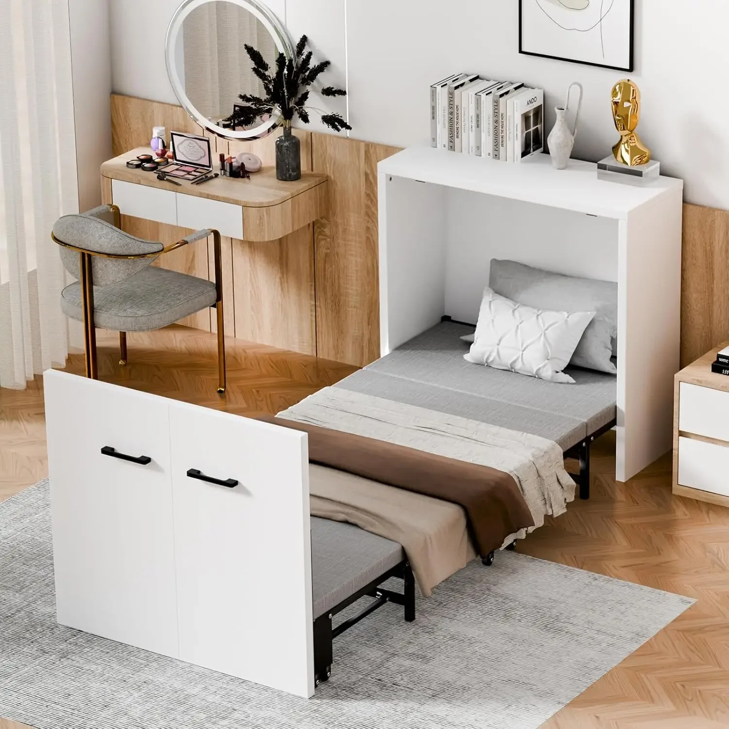 Nordic Bed Cabinet, Folding Roll Away Beds with Mattresses for Adult, Pull Out Chest Daybed, Guest