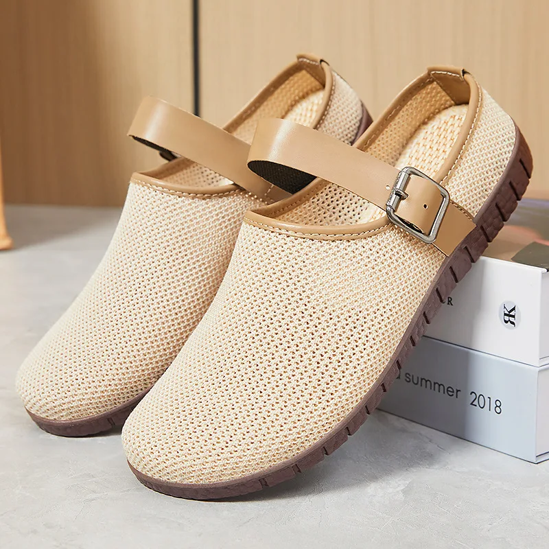 Shoes for Women Summer New Versatile Retro Soft-soled Women's Shoes Ins Women Outer Slippers Flying Mesh Bread Toe Half Support