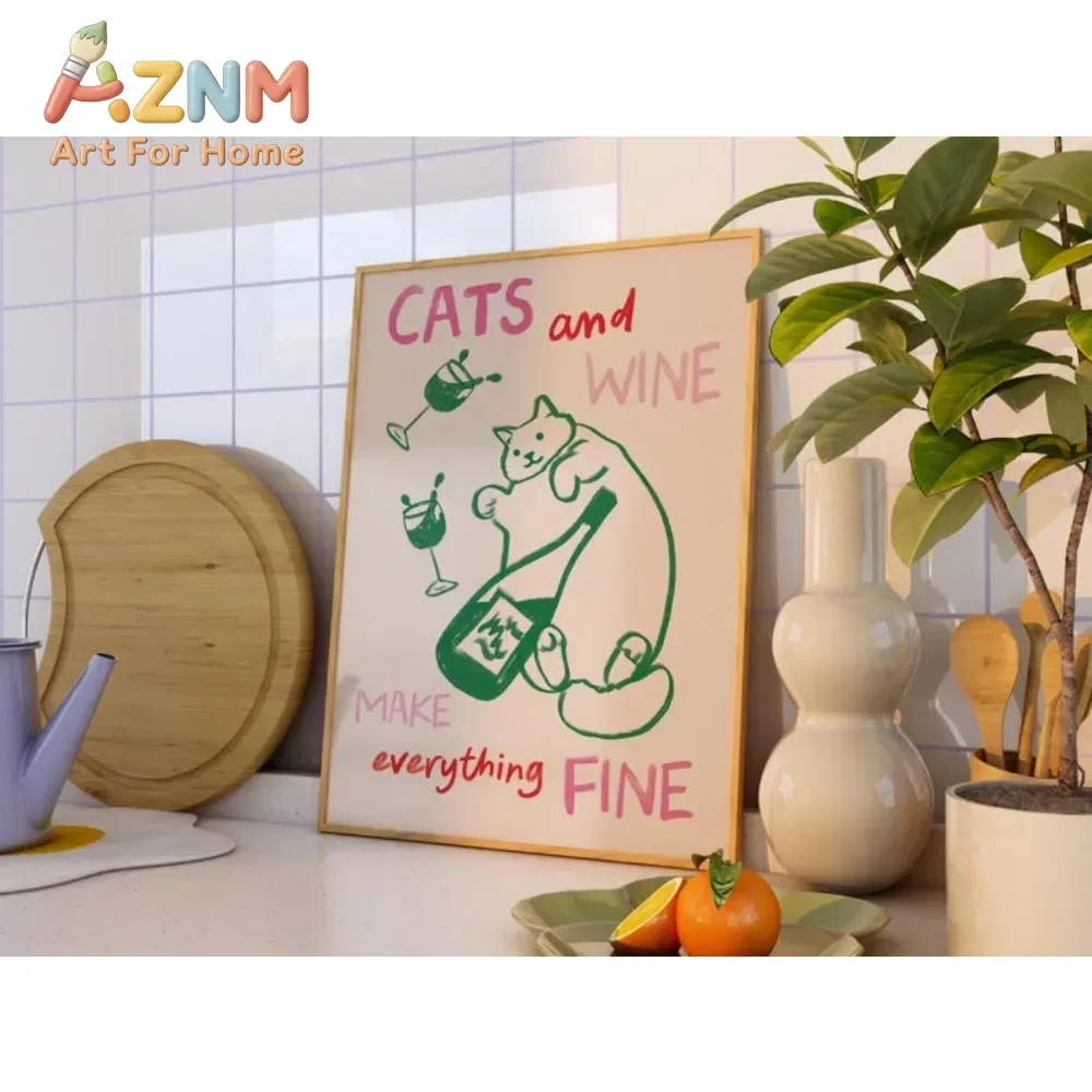 AZNM Cats And Wine Make Everything Fine Canvas Wall Art Funny Hand Drawn Cat Wine Bottle Art Print Unframed Canvas Poster for Li