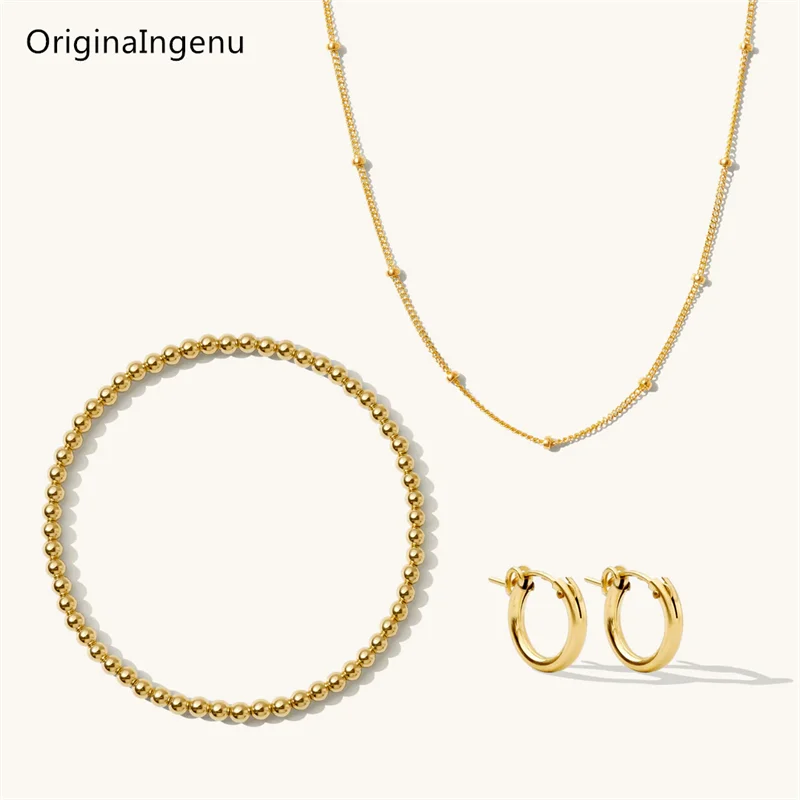 14K Gold Filled Beaded Jewelry Set Elasticity Beaded Bracelet Exquisite Hoop Earrings Tarnish Resistant Gold Filled Jewelry Set