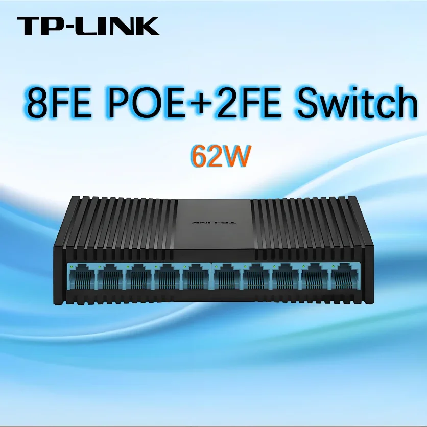 TP-LINK 10 Port 100Mbps PoE Switch with 8 Port PoE 62W 2*10/100 RJ45 Uplink Ports 802.3af/at PoE Plug & Play