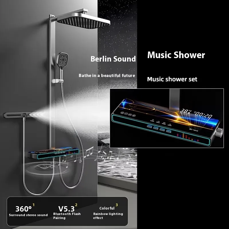 Modern Luxury Brass Smart Shower System LED Rainfall Thermostatic Faucet Digital Music Slide Bar Adjustable Hotel Bathroom