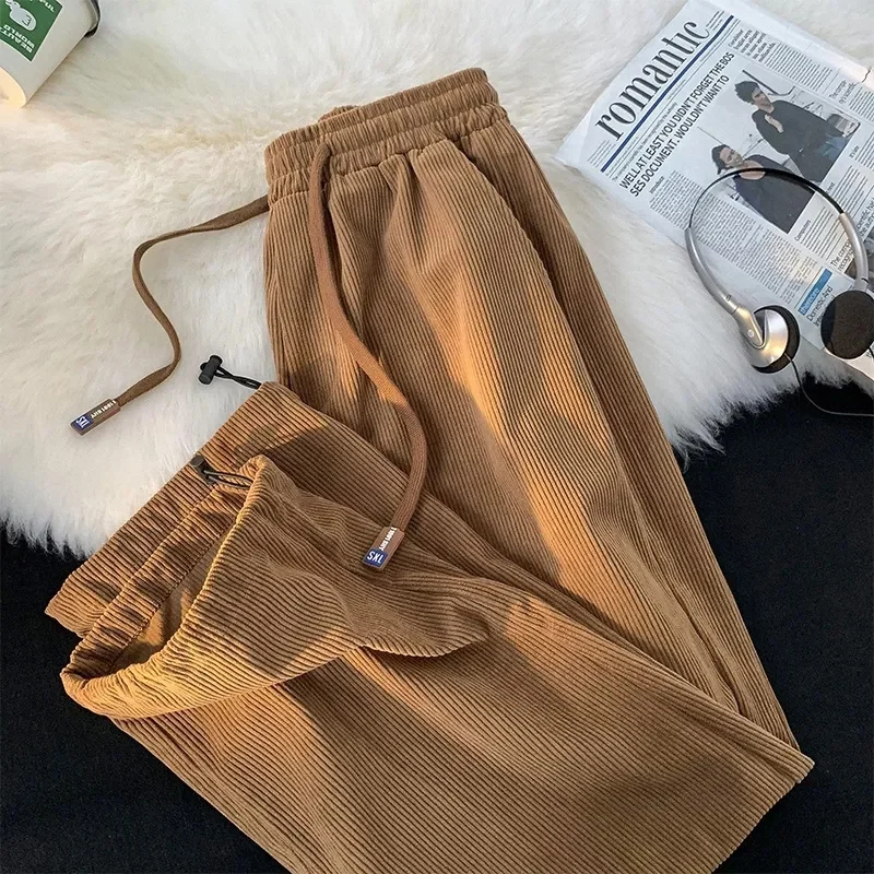 

2024 Autumn Winter Corduroy Straight Pants Women's Fleece Thicken Drawstring Casual Sports Trousers Student Loose Harem Pants